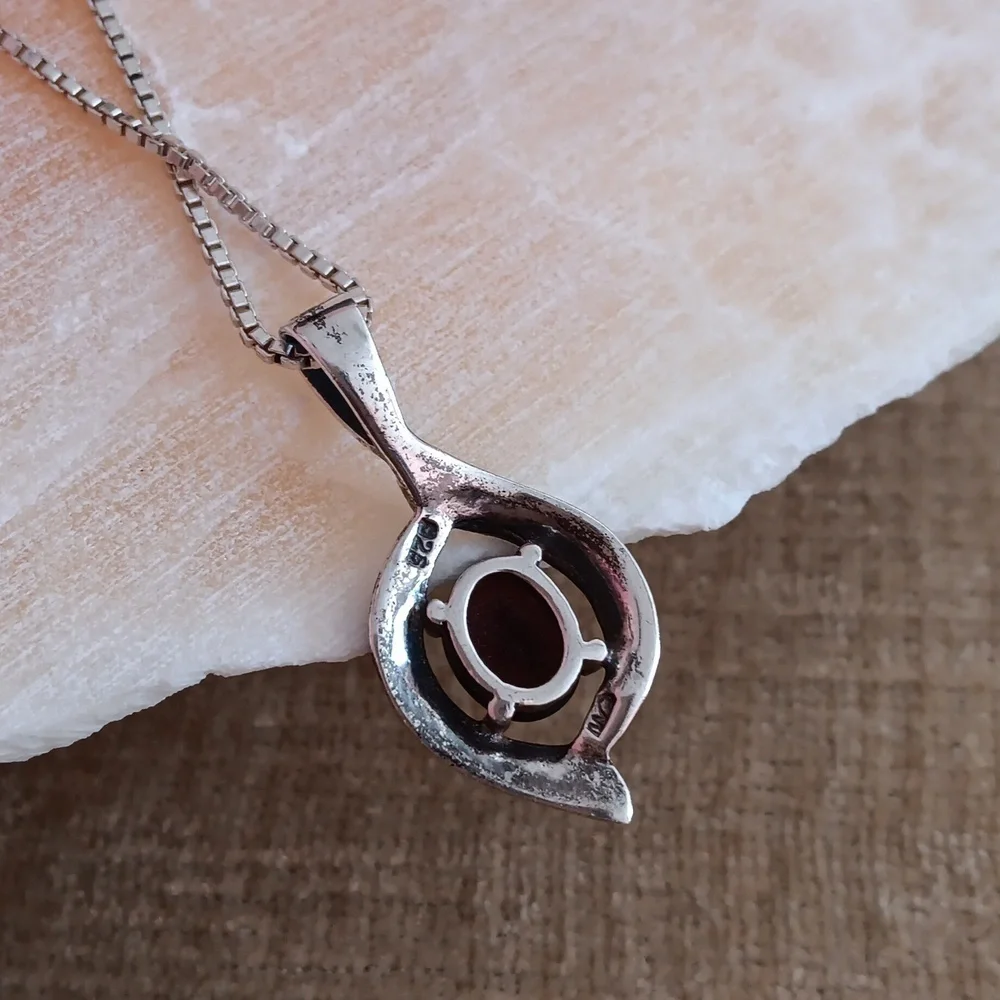 Sterling Silver Box Chain Glass Red Stone Marcasite Pendant Necklace